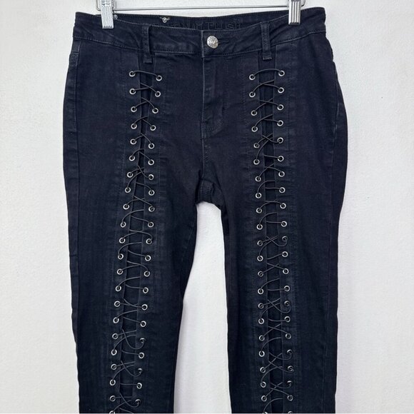 Platinum Plush Womens 7 Rhinestones Lace Up Biker Riding Jeans - Picture 2 of 14